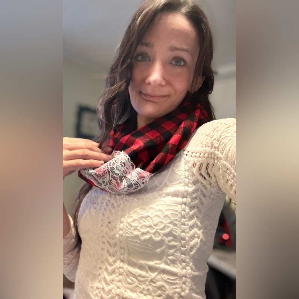 Handmade Plaid Infinity Scarf with Lace